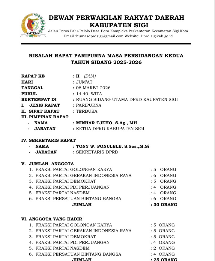 Risalah Rapat Paripurna Masa Persidangan Kedua Tahun Sidang 2025-2026 tentang 2 (Dua) Buah Rancangan Peraturan Daerah tentang Pengelolaan Barang Milik Daerah dan Pembentukan Kecamatan Sigi Kota di Kabupaten Sigi.