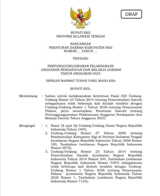 Rancangan Peraturan Daerah Kabupaten Sigi Nomor .... Tahun... tentang Pertanggungjawaban Pelaksanaan APBD Tahun Anggaran 2025