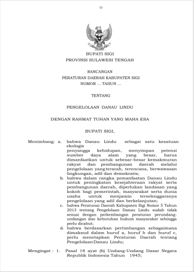 Rancangan peraturan daerah nomor .... tahun....tentang pngelolaan danau lindu