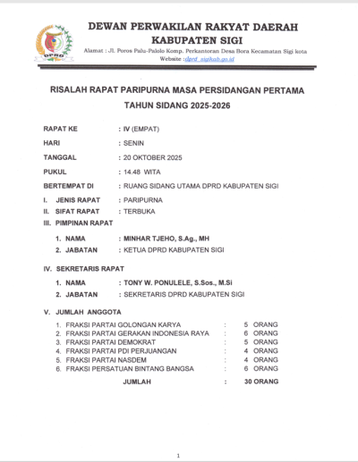 Risalah rapat paripurna masa persidangan pertama tahun sidang 2025-2026 raperda penyelenggaraan program jaminan sosial ketenagakerjaan