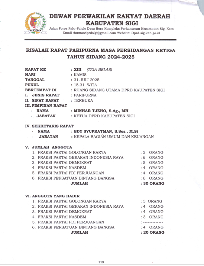 Risalah rapat paripurna masa persidangan ketiga tahun sidang 2024 - 2025 membahas raperda tentang rencana pembangunan jangka menengah daerah kabupaten sigi tahun 2025 - 2029
