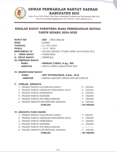 Risalah rapat paripurna masa persidangan ketiga tahun sidang 2024 - 2025 membahas raperda tentang rencana pembangunan jangka menengah daerah kabupaten sigi tahun 2025 - 2029