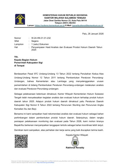 Analisis dan Evaluasi Peraturan Daerah Kabupaten Sigi Nomor 6 Tahun 2022 tentang Penurunan Stunting dan Penurunan Angka Kematian Ibu dan Bayi