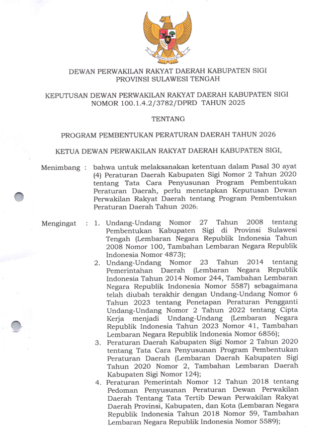 Keputusan Dewan Perwakilan Rakyat Daerah Kabupaten Sigi Nomor 100.1.4.2/3782/DPRD TAHUN 2025 tentang Program Pembentukan Peraturan Daerah Tahun 2026
