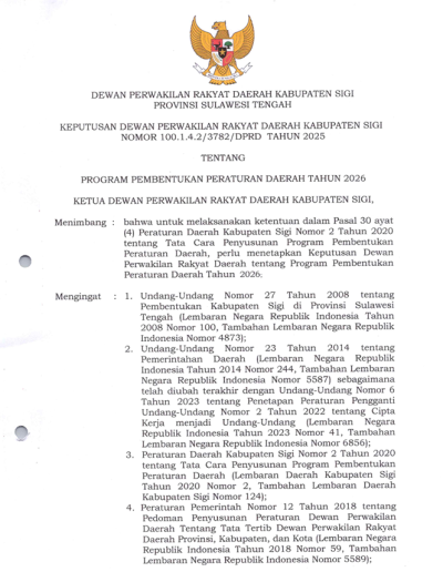 Keputusan Dewan Perwakilan Rakyat Daerah Kabupaten Sigi Nomor 100.1.4.2/3782/DPRD TAHUN 2025 tentang Program Pembentukan Peraturan Daerah Tahun 2026