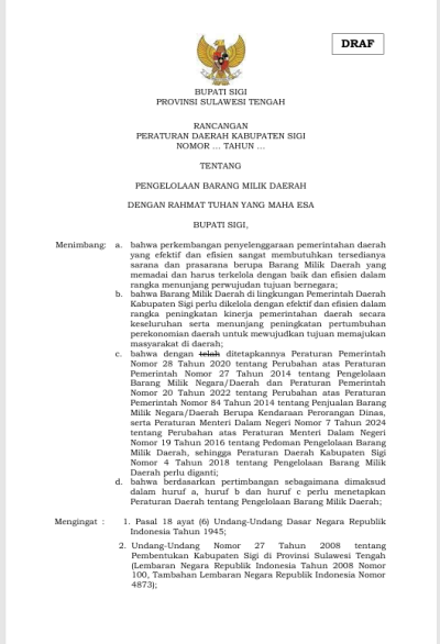 Rancangan Peraturan Daerah Kabupaten Sigi Nomor ... Tahun ...tentang Pengelolaan Barang Milik Daerah