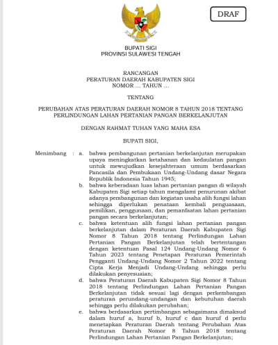 Rancangan Peraturan Daerah Kabupaten Sigi Nomor .... Tahun... tentang Perubahan Perda Nomor 8 Tahun 2018 ttg LP2B