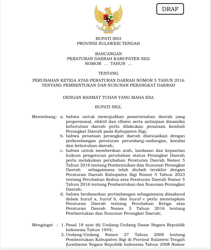 Rancangan Peraturan Daerah tentang Perubahan Ketiga Perda Nomor 5 Tahun 2016 ttg Pembentukan dan Susunan Perangkat Daerah