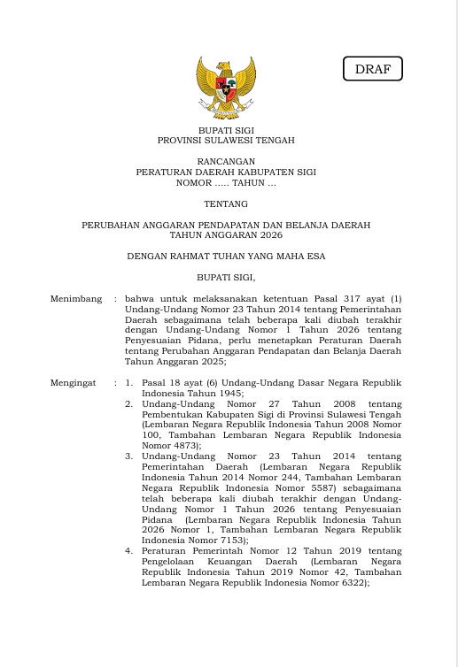 Rancangan Peraturan Daerah Kabupaten Sigi Nomor .... Tahun... tentang Perubahan APBD Tahun Anggaran 2026