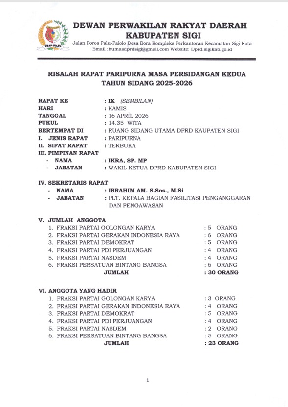 Risalah Rapat Paripurna Masa Persidangan Kedua Tahun Sidang 2025 - 2026 tentang Penyelenggaraan Upaya Kesehatan Reproduksi Kabupaten Sigi